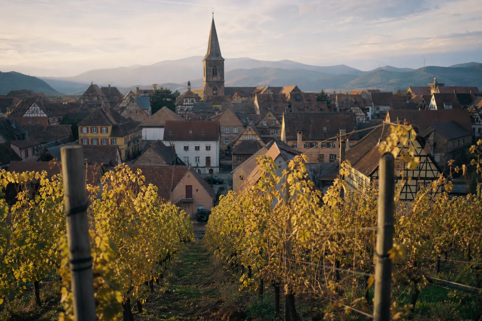 Village alsacien entouré de vignes dorées en automne