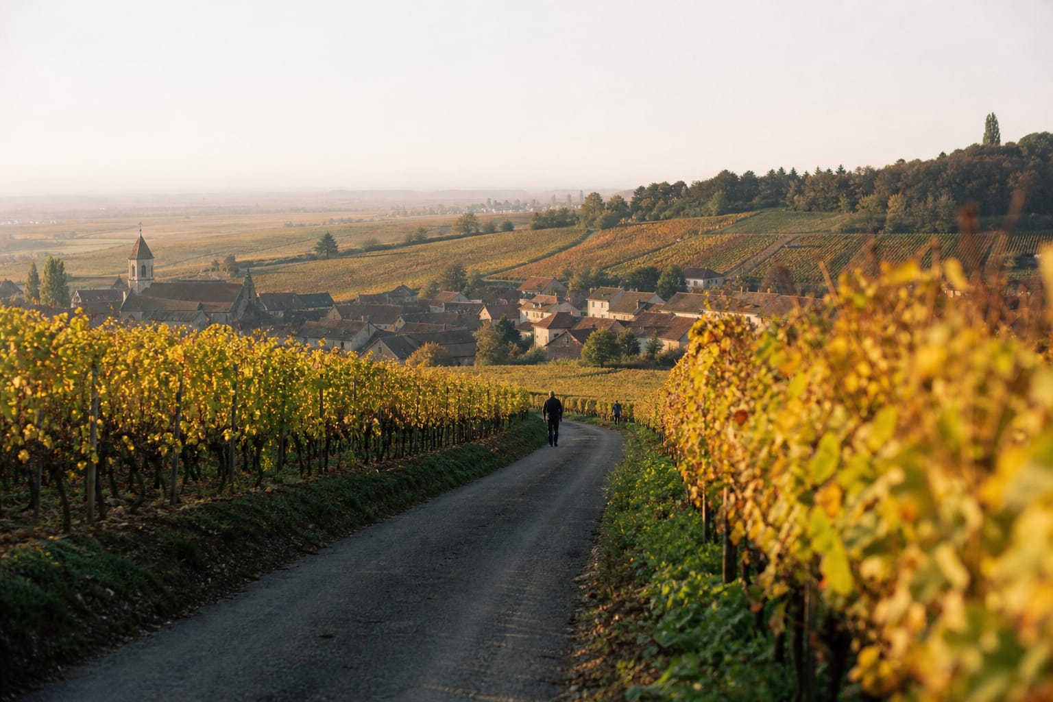 Route étroite traversant des rangs de vigne bourguignons en automne