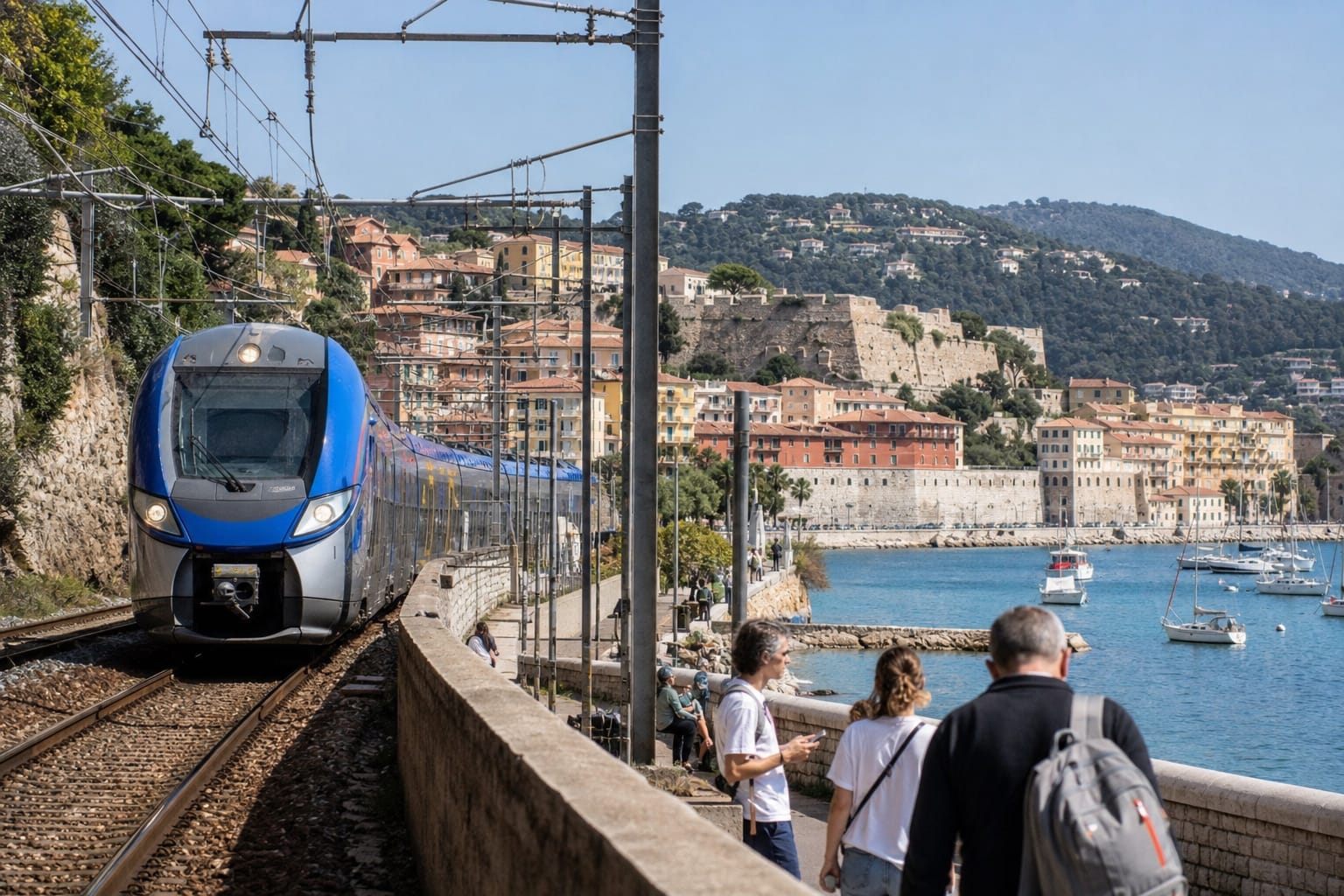 Train régional longeant la rade de Villefranche-sur-Mer, au pied des maisons ocre de la vieille ville, avec des bateaux au mouillage sur l'eau turquoise