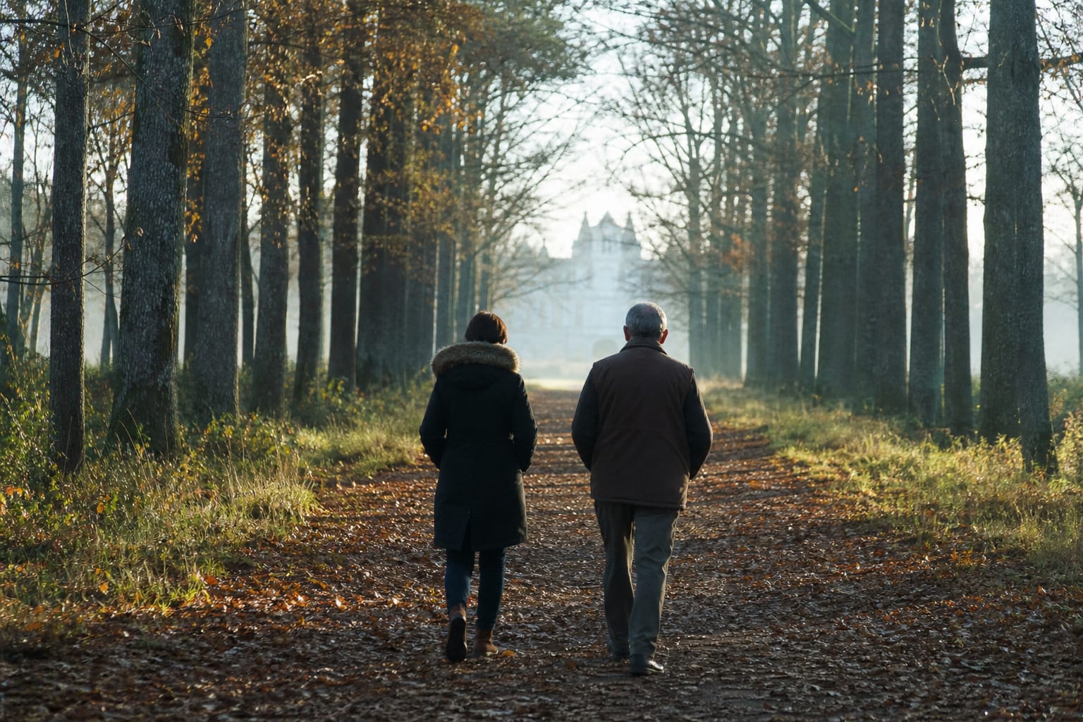 Allée forestière rectiligne en automne menant vers un château au loin