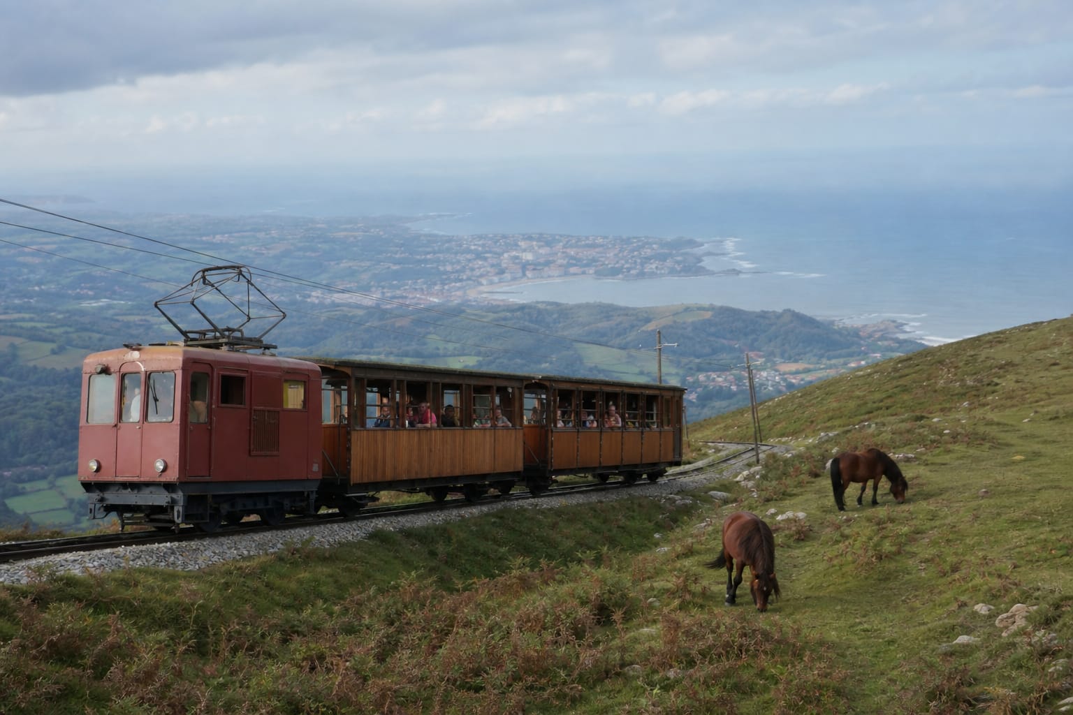 Train à crémaillère aux voitures en bois gravissant les pentes herbeuses de la Rhune, avec des pottoks près de la voie et l'océan au loin