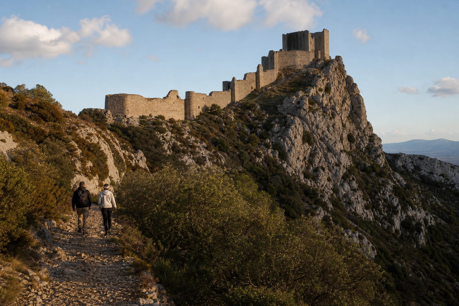 Murailles du château de Peyrepertuse étirées sur une crête calcaire au-dessus des vignes et de la garrigue des Corbières, avec deux randonneurs sur le sentier