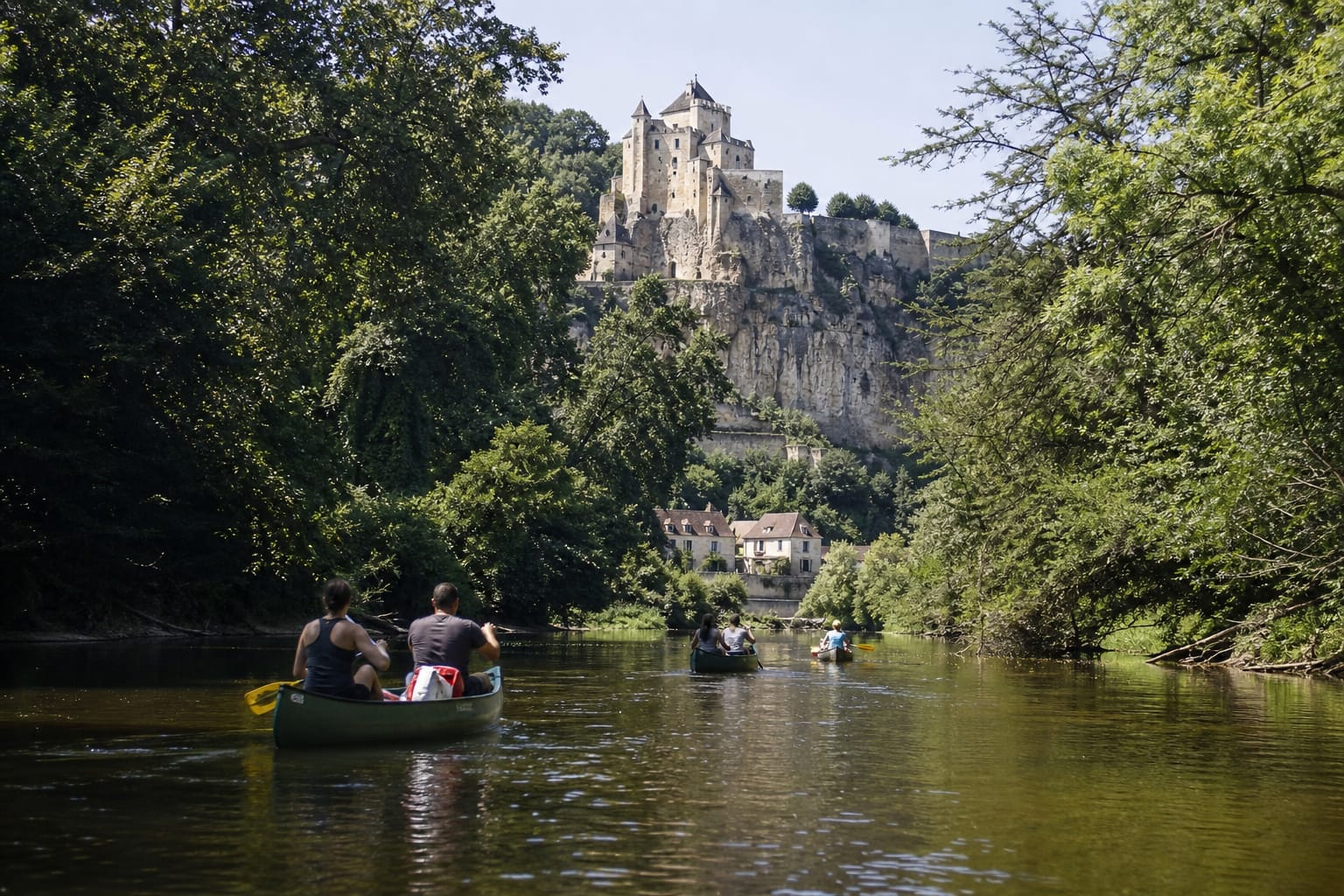 Canoës descendant la Dordogne au pied d'un château perché