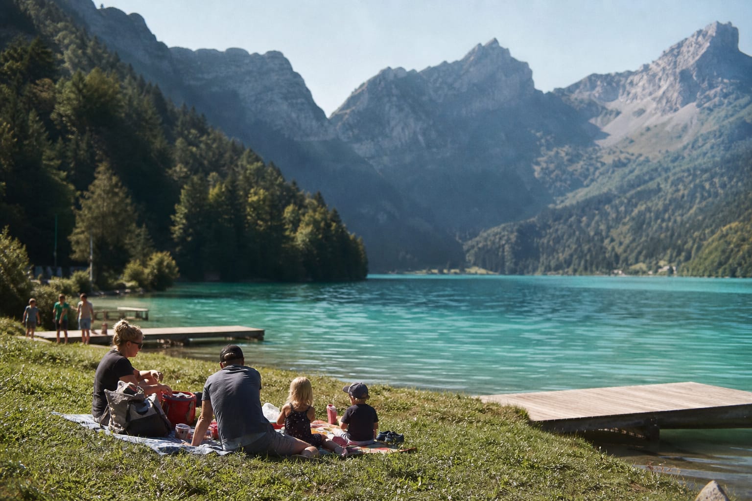 Lac alpin turquoise entouré de montagnes, pique-nique au bord de l'eau par un matin d'été