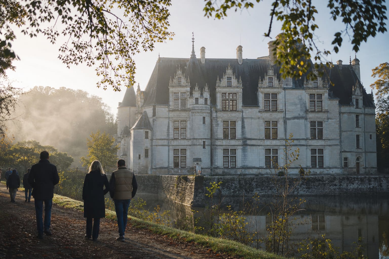 Château Renaissance entouré de forêt et de douves dans la brume d'un matin d'automne
