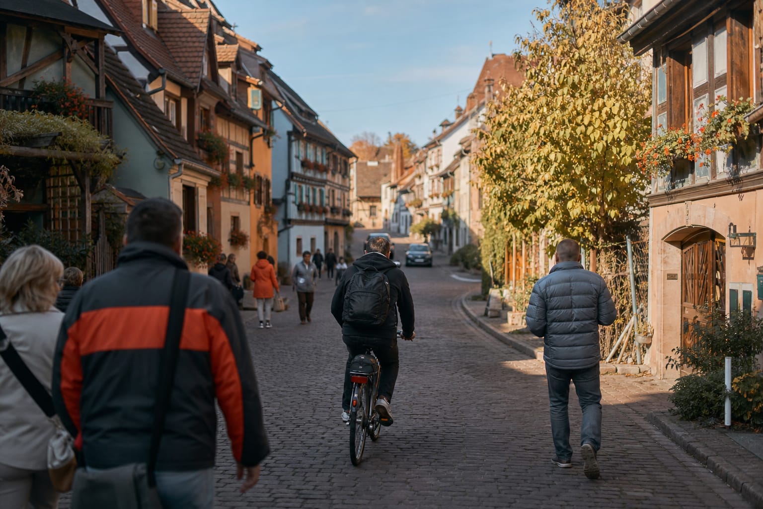 Rue de maisons à colombages colorées avec géraniums aux fenêtres en Alsace