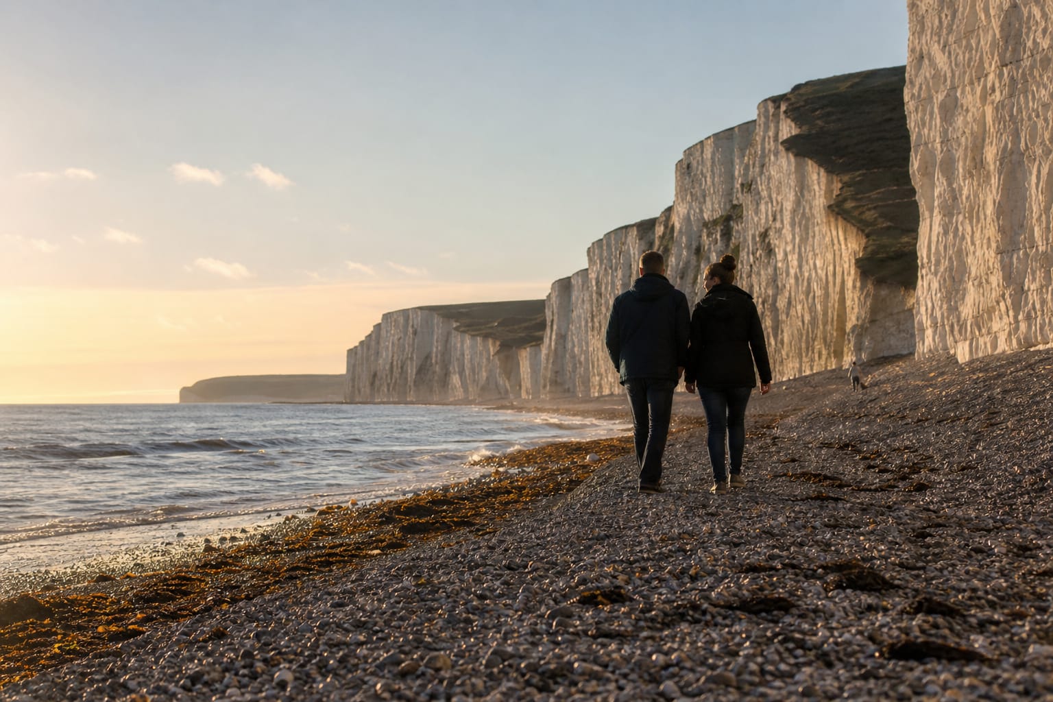 Falaises de craie blanche plongeant dans la mer sous un ciel de fin d'après-midi en Normandie
