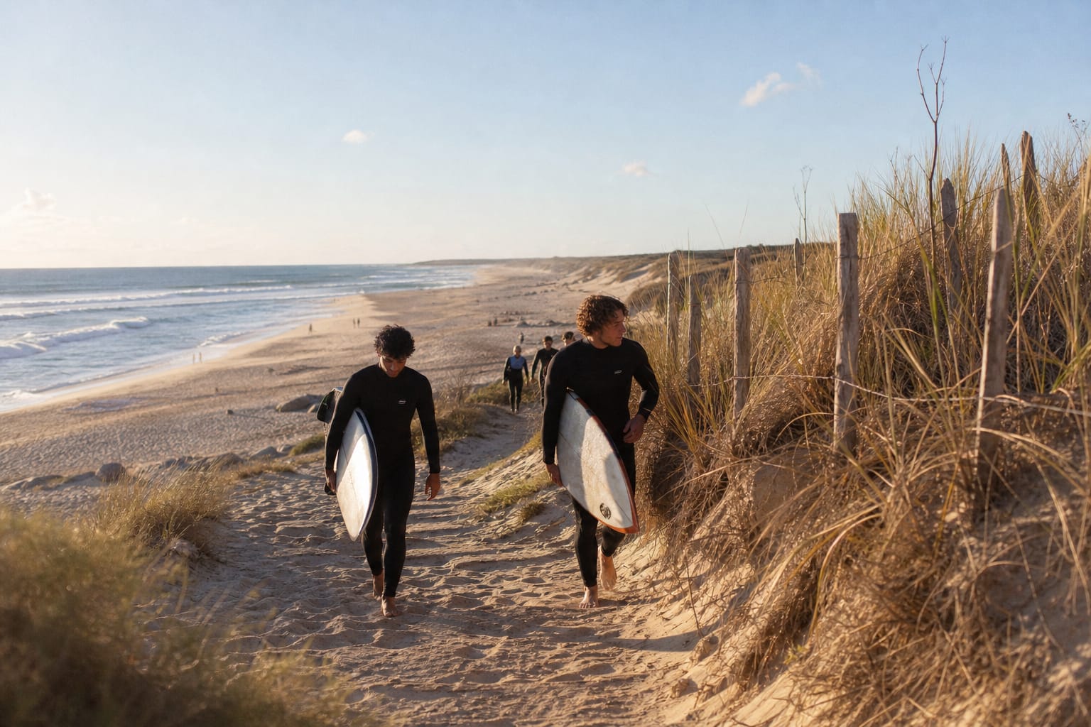 Plage de sable et dunes couvertes d'oyats sur la côte atlantique landaise en fin de journée