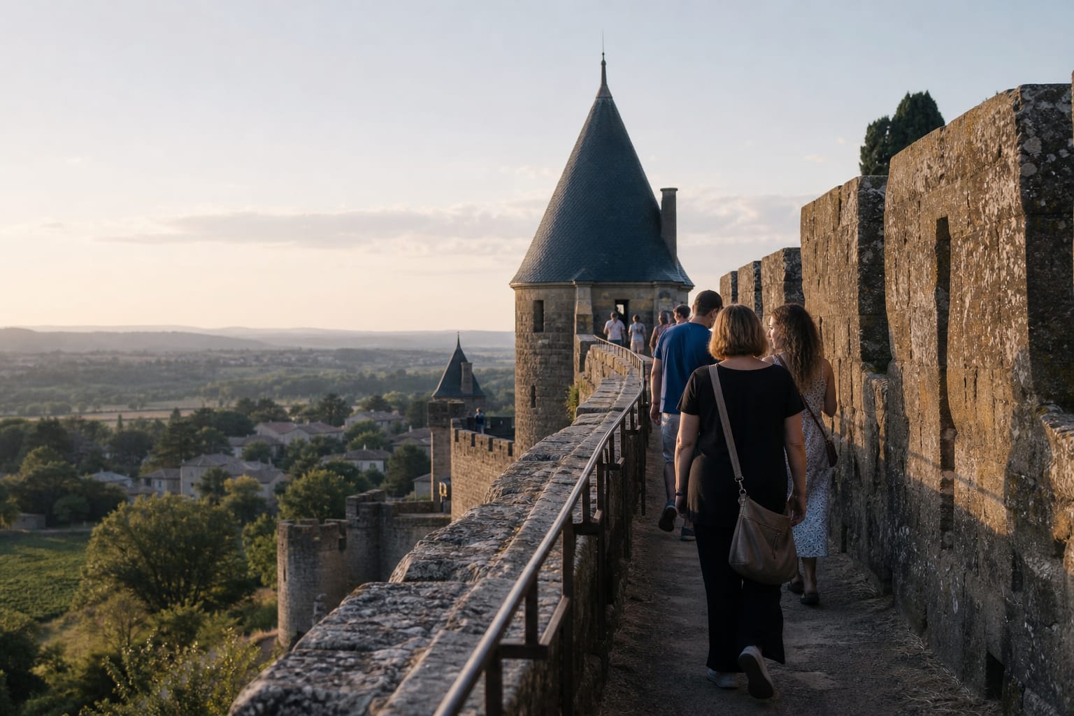 Remparts d'une cité fortifiée du sud-ouest surplombant les vignes en début de soirée