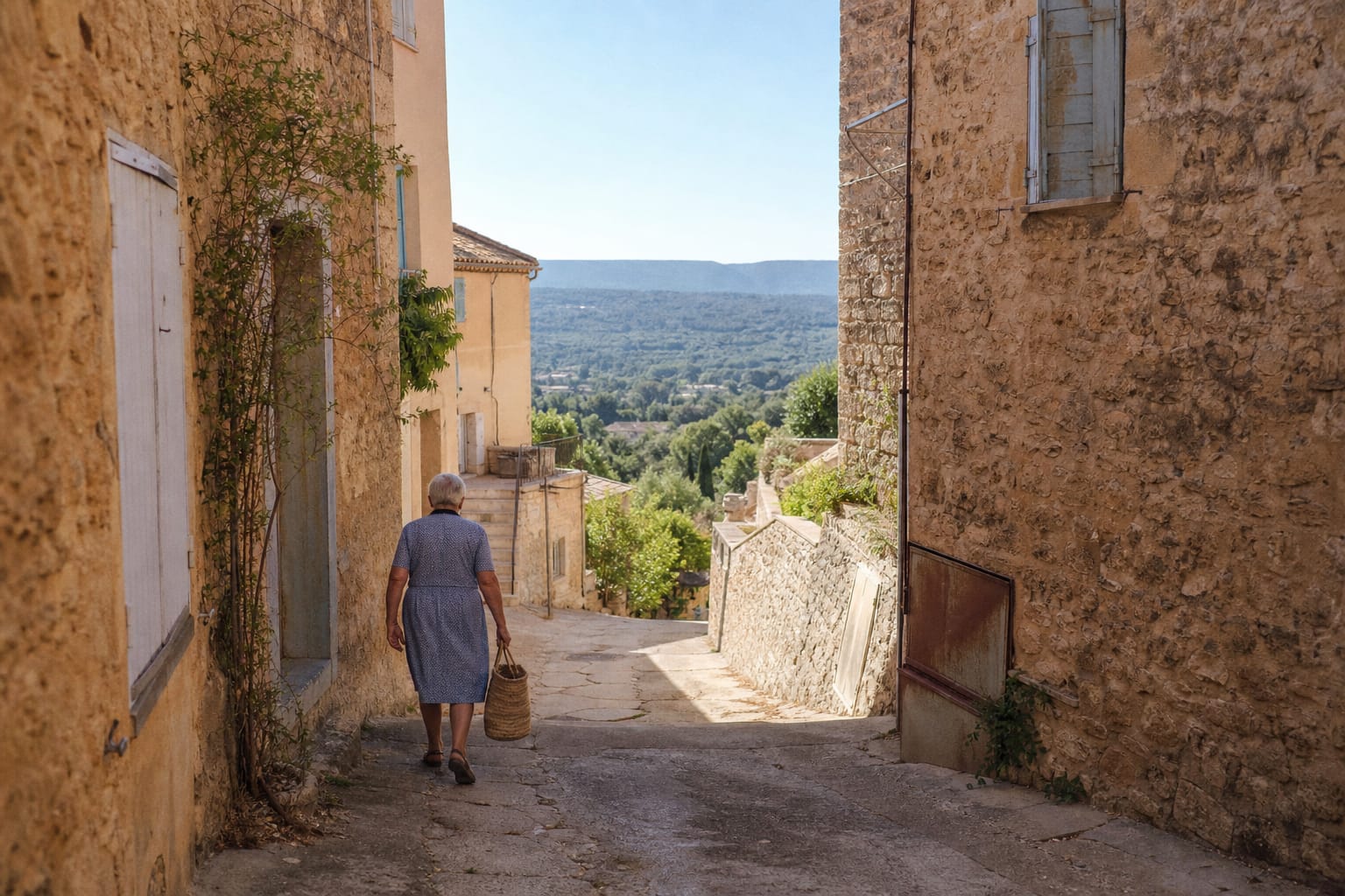 Ruelle d'un village perché provençal aux volets pastel sous la lumière de fin de matinée