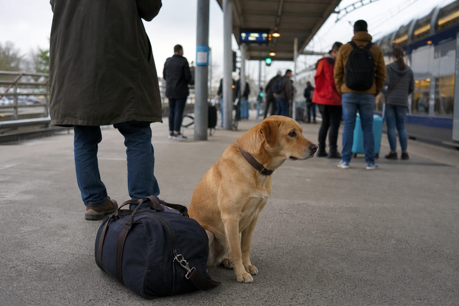 Chien attendant sur un quai de gare à côté d'un sac de voyage
