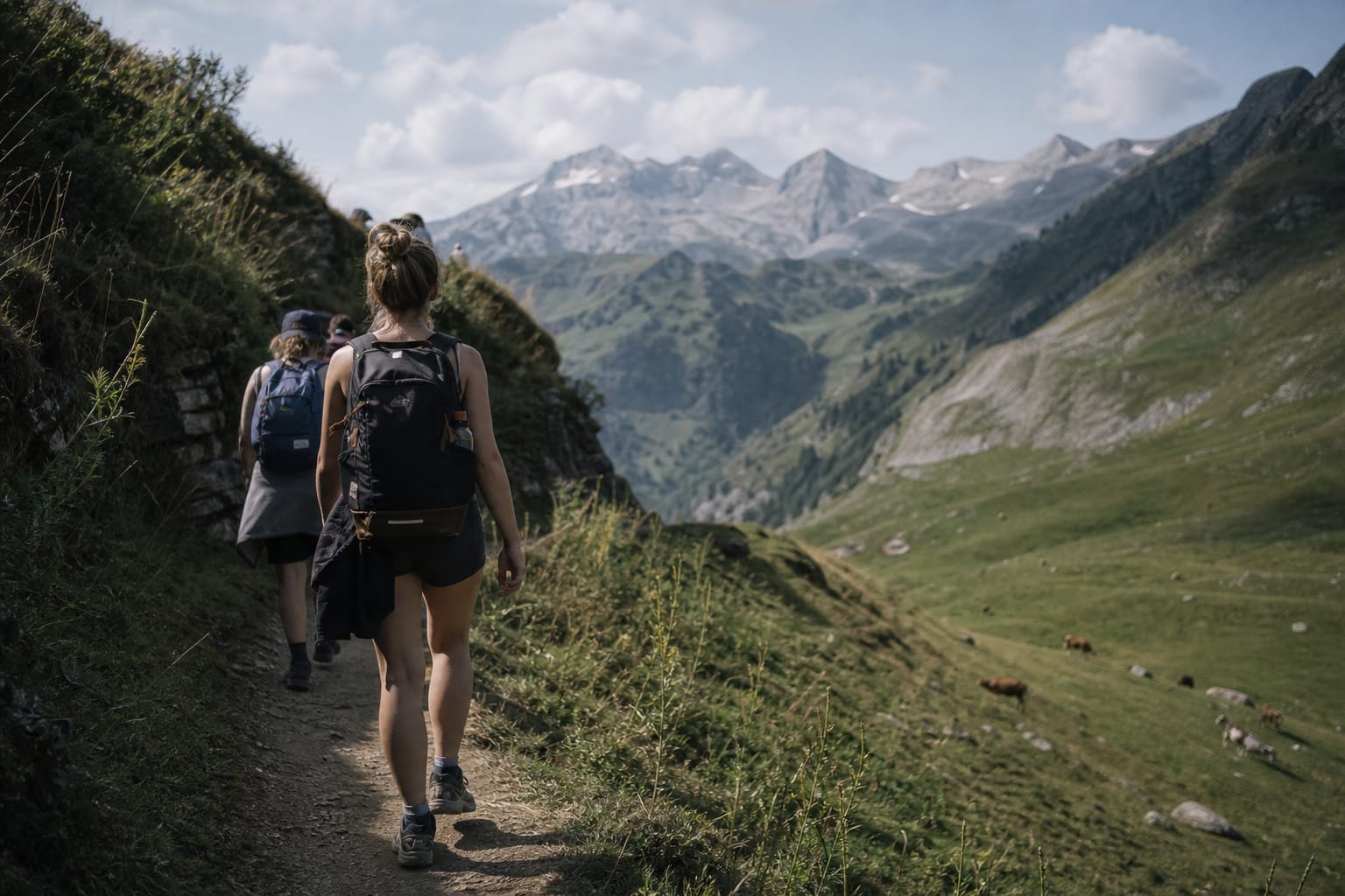 Sentier de montagne en été avec randonneurs et alpages
