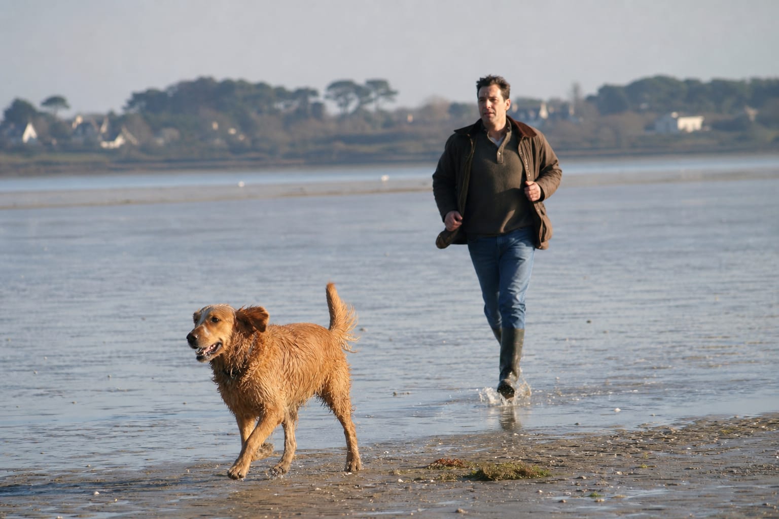 Chien courant sur une plage à marée basse avec son maître
