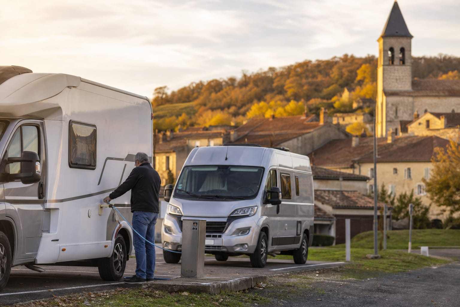 Camping-car et fourgon aménagé sur une aire de services à l'entrée d'un village de pierre, un voyageur remplissant le réservoir d'eau à la borne