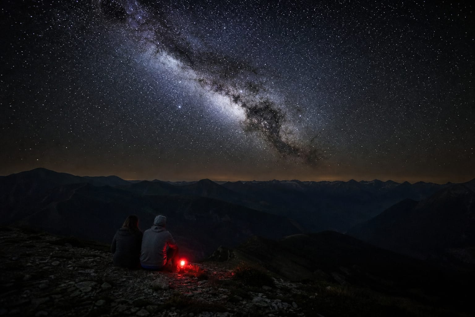 Voie lactée au-dessus d'une crête de montagne, silhouettes d'observateurs au premier plan