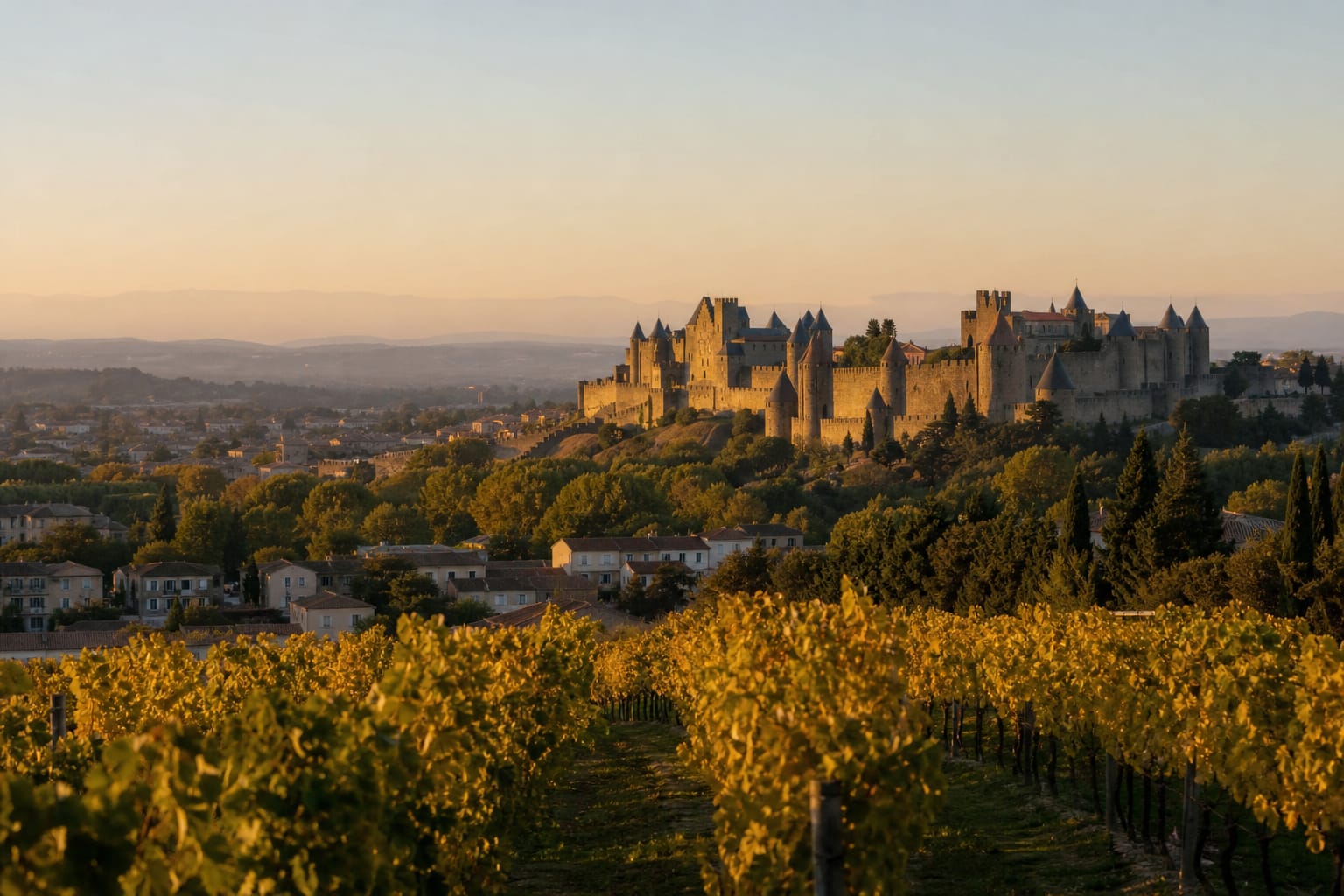 Remparts et tours de la Cité de Carcassonne au lever du jour, rangs de vigne au premier plan