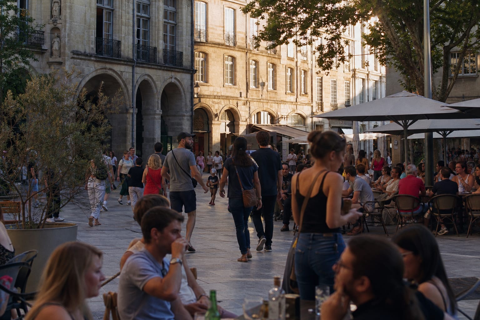 Place de centre-ville animée avec terrasses en fin d'après-midi