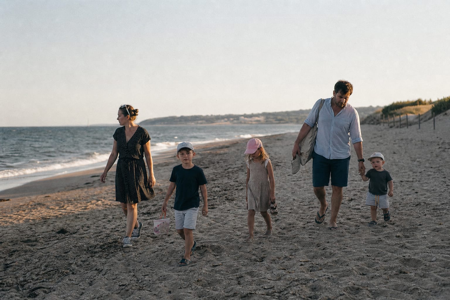 Famille marchant sur une plage de sable en fin de journée