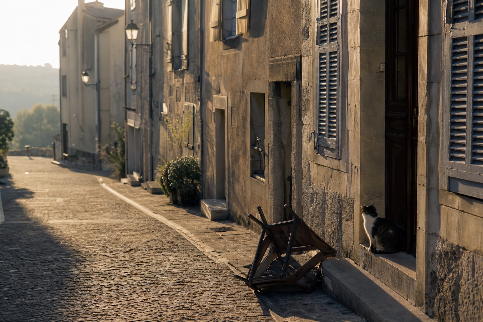 Ruelle pavée déserte au lever du jour, volets encore fermés, lumière rasante