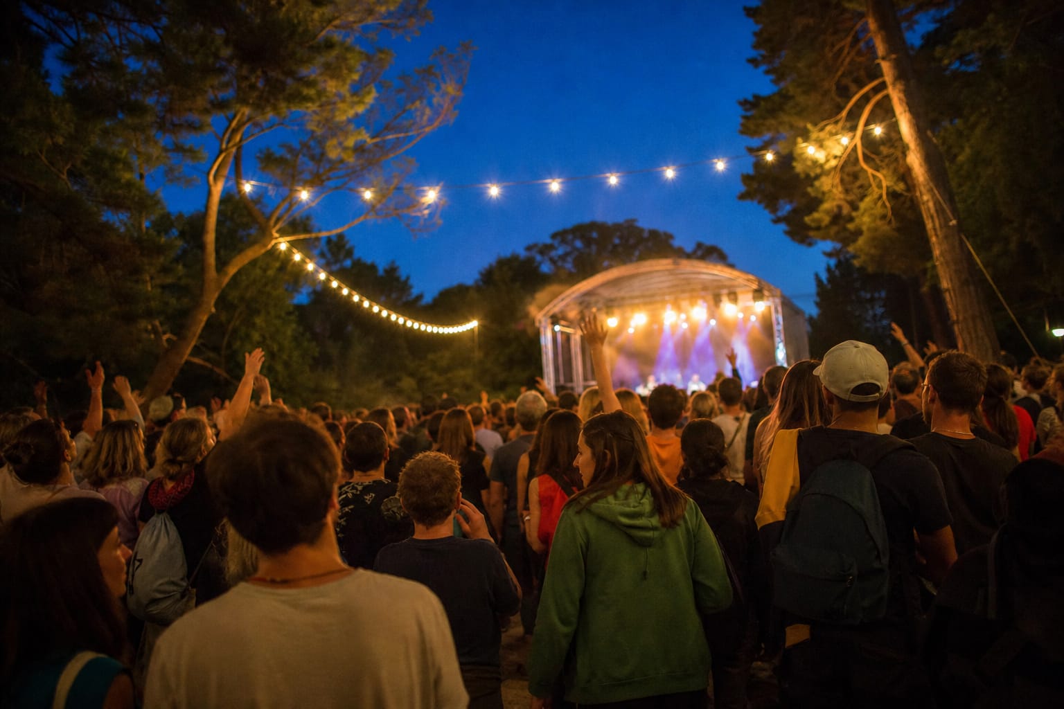 Foule en plein air devant une scène au crépuscule, guirlandes lumineuses tendues
