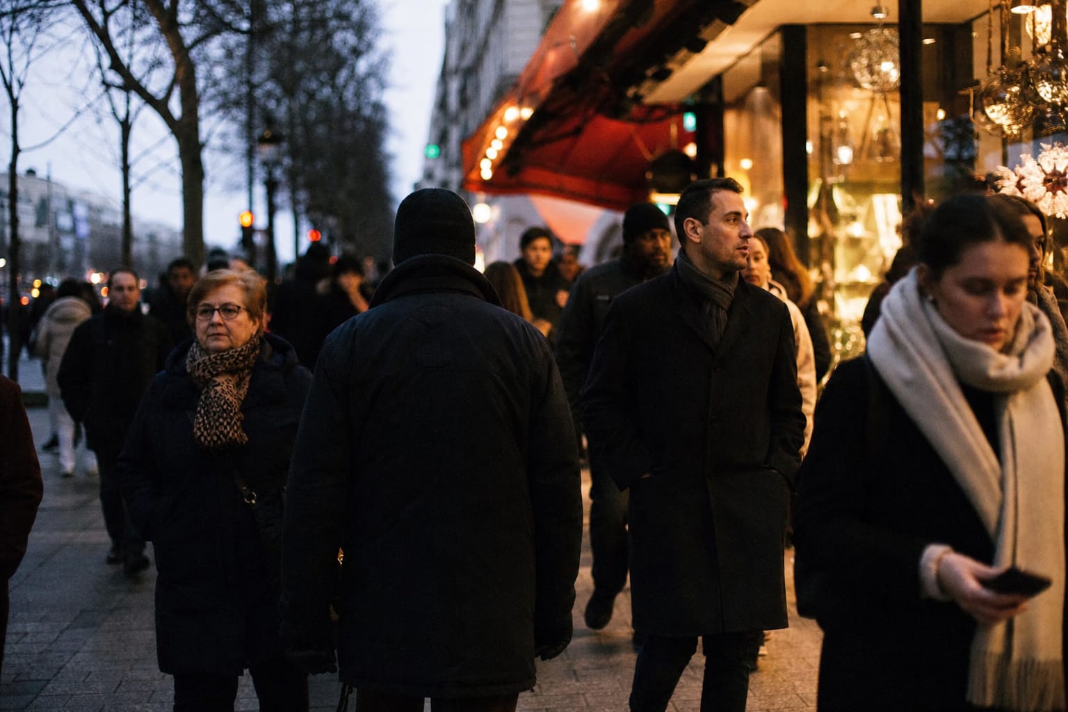 Rue de ville illuminée en soirée d'hiver avec passants emmitouflés