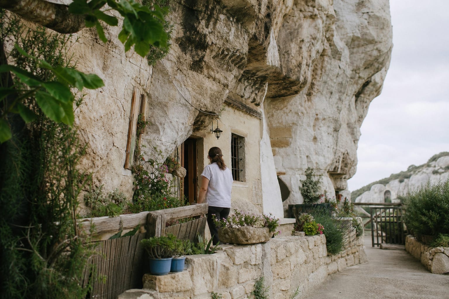 Habitation troglodytique creusée dans une falaise de calcaire clair