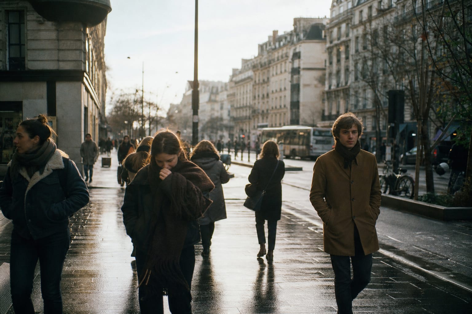 Rue de ville en hiver avec lumière basse et passants
