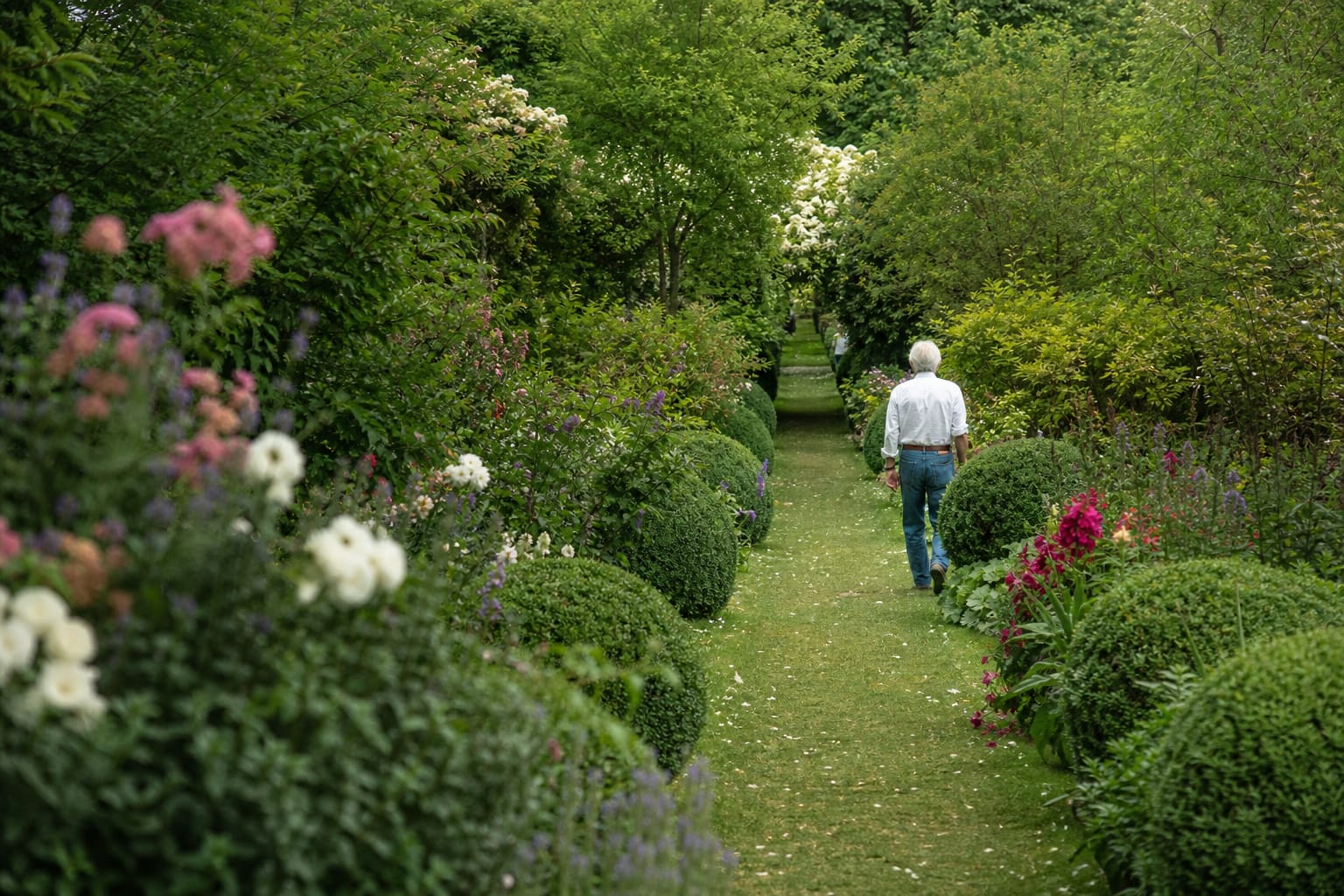 Allée de jardin structuré avec buis taillés et massifs fleuris