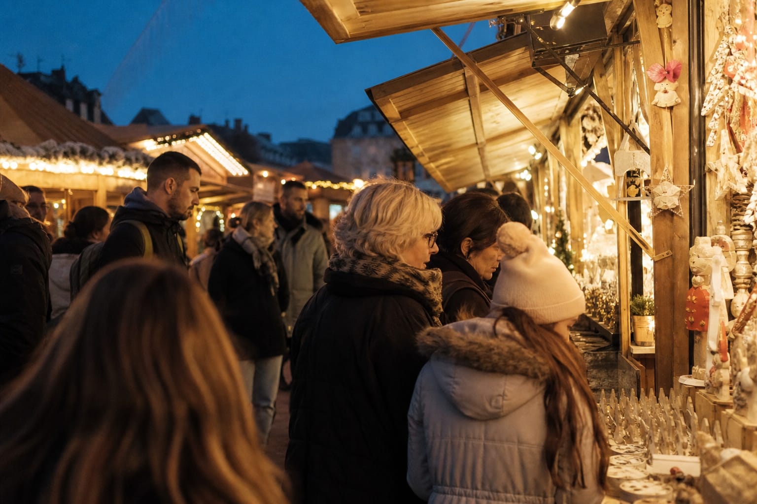 Chalets de marché de Noël illuminés en soirée avec passants emmitouflés