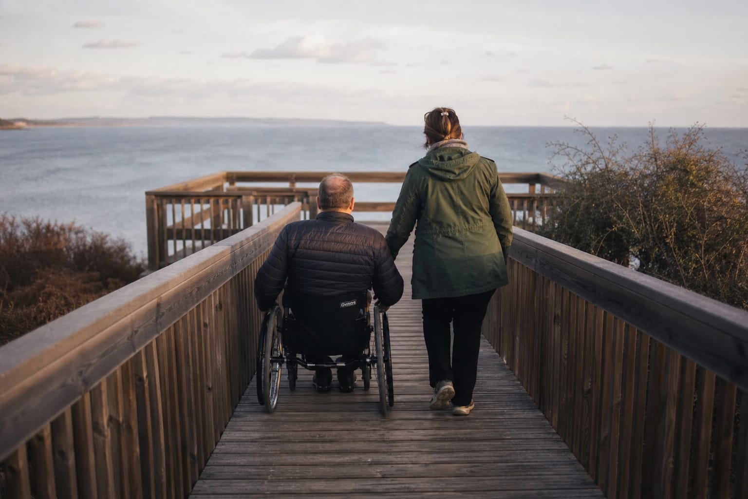 Visiteur en fauteuil sur une rampe d'accès en bois menant à une terrasse panoramique