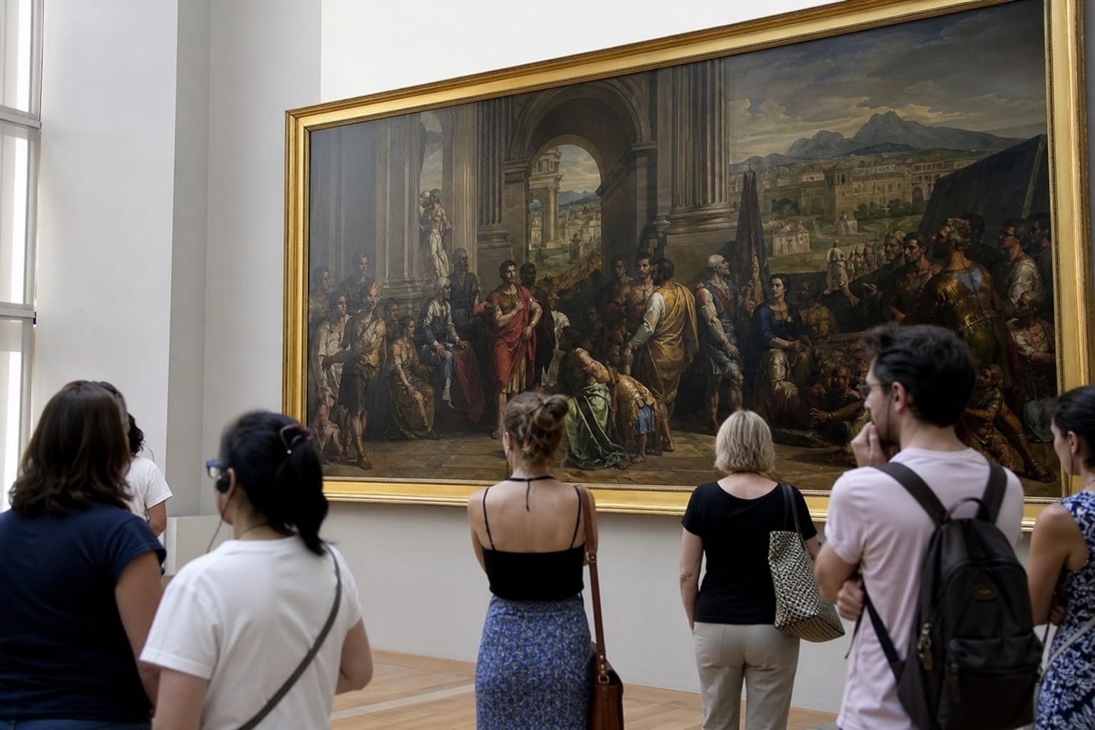 Visiteurs devant une grande toile dans une salle de musée lumineuse