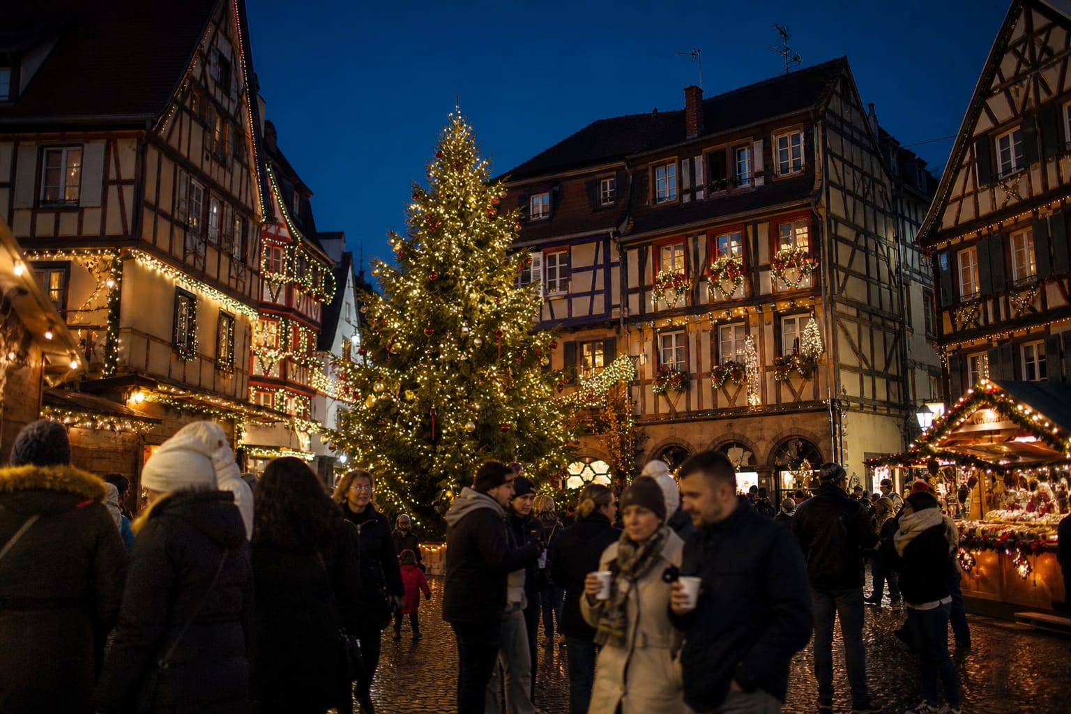 Place de ville alsacienne à la nuit tombée en décembre, grand sapin illuminé devant des façades à colombages décorées, passants emmitouflés