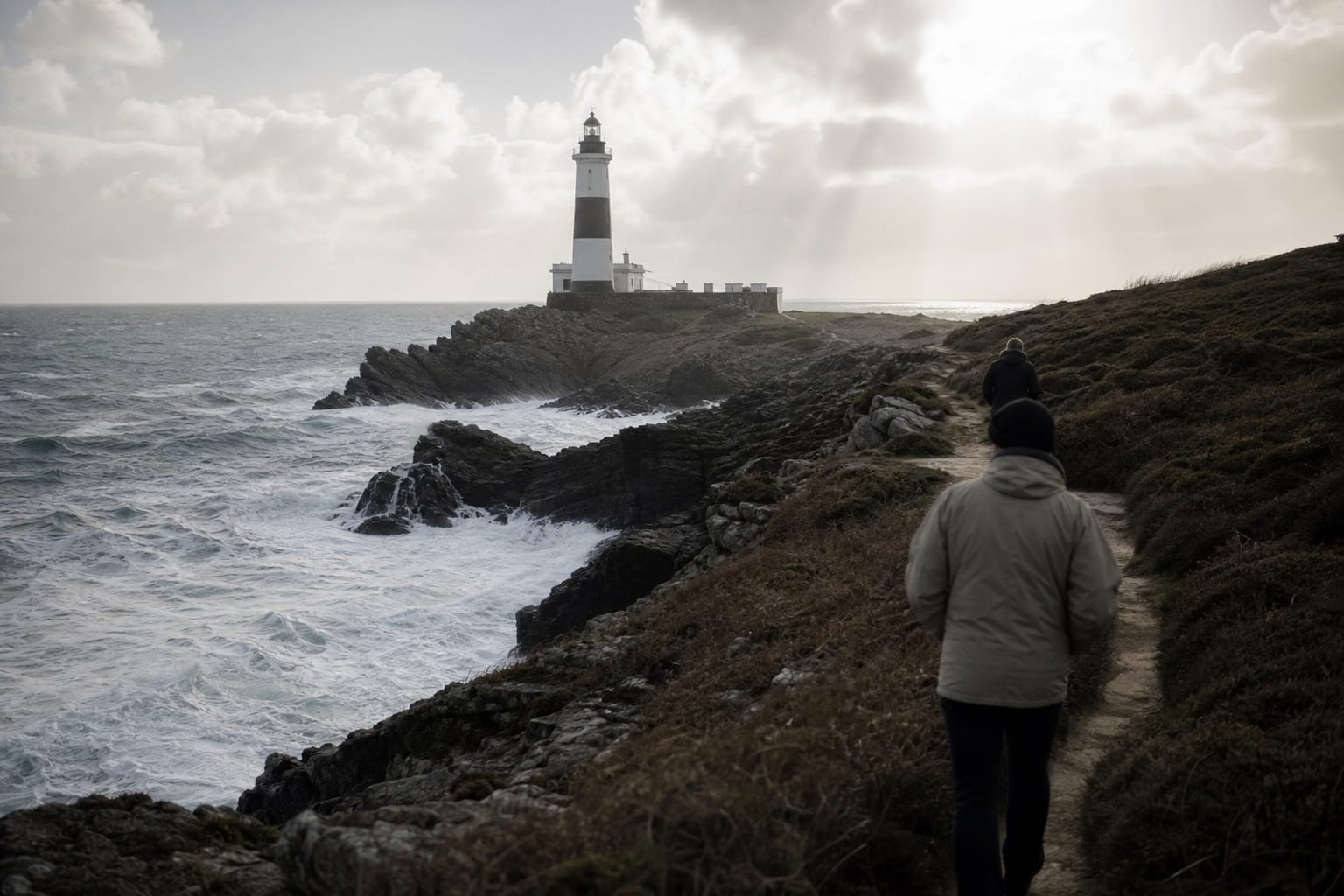 Phare dressé sur une pointe rocheuse battue par l'écume sous un ciel de traîne