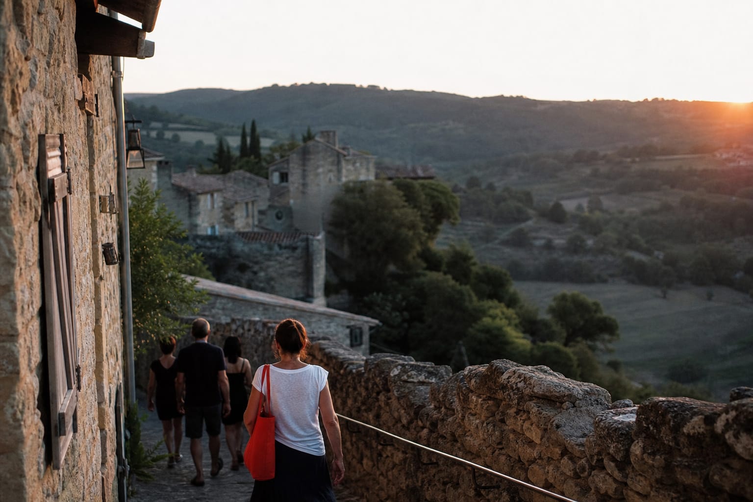 Village de pierre perché sur une colline au lever du soleil