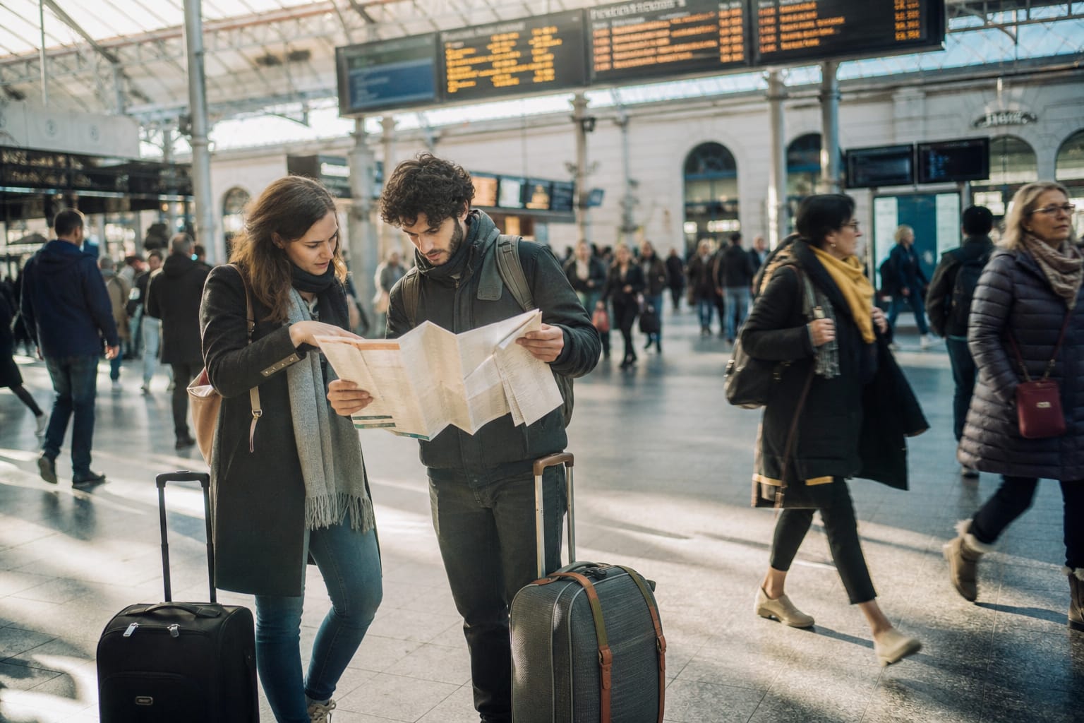 Voyageurs consultant un plan devant une gare, valises à la main, lumière du matin