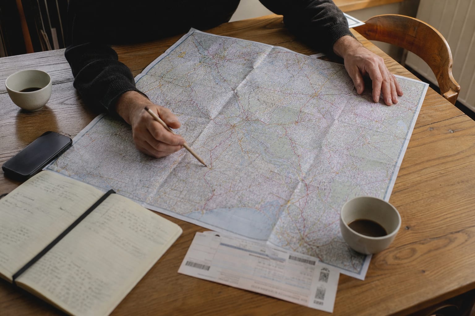 Carte routière de France dépliée sur une table de cuisine, avec un carnet, des billets de train imprimés et deux tasses de café