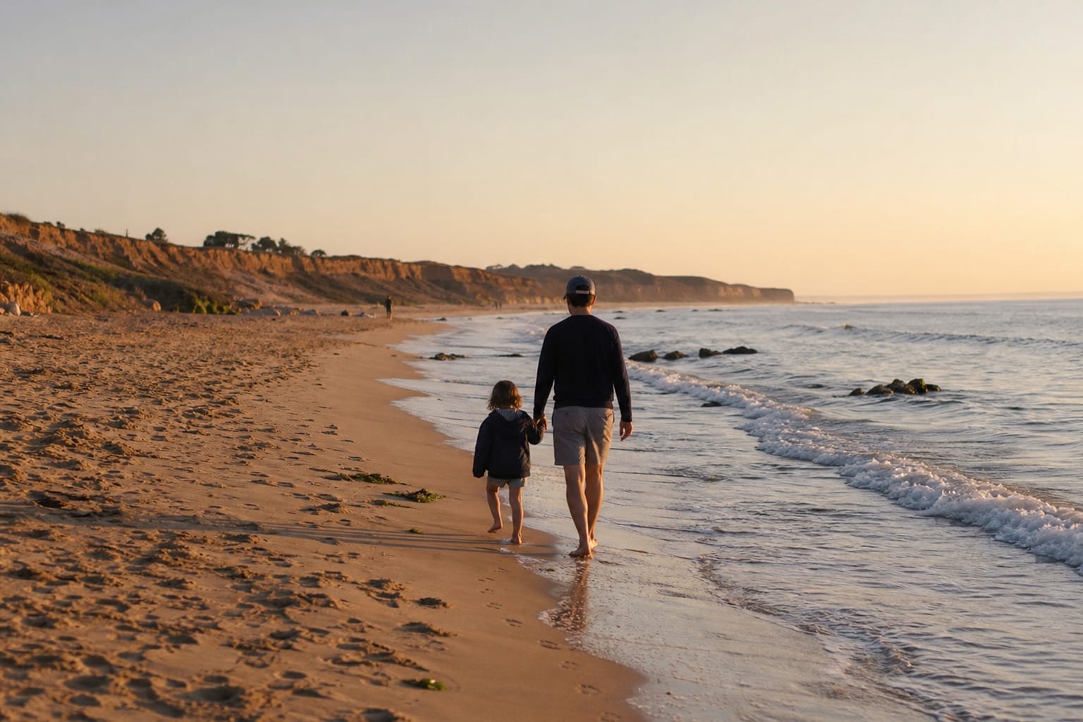 Plage presque déserte en septembre avec lumière dorée