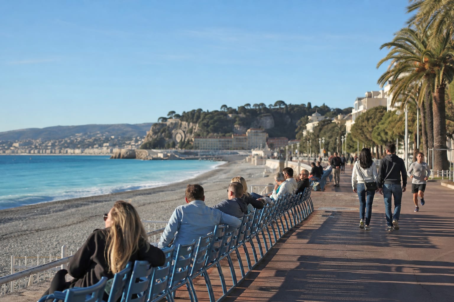 Promenade des Anglais à Nice sous un ciel bleu de janvier, passants en veste légère assis face à la mer, palmiers et collines en arrière-plan
