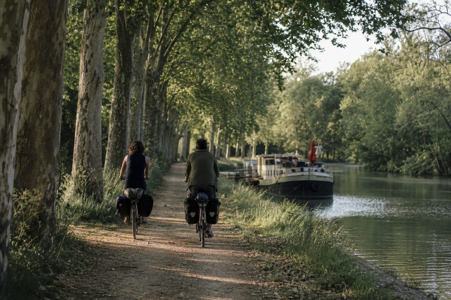 Voyageurs à vélo chargés longeant un canal bordé de platanes