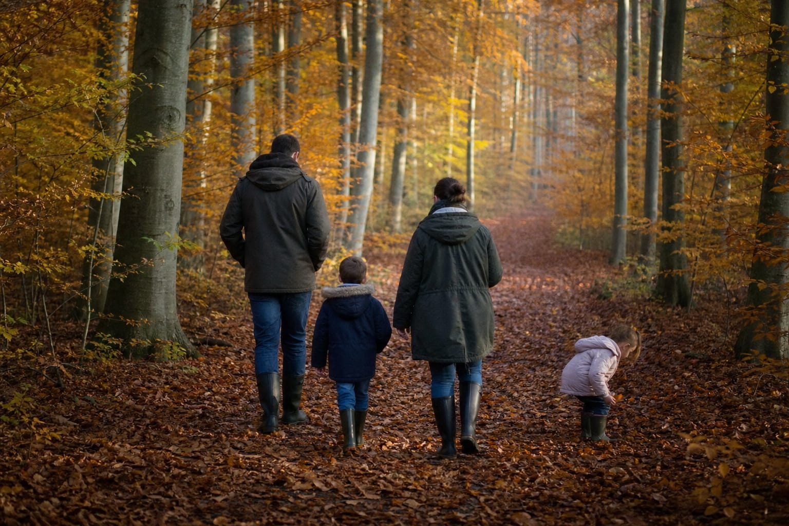 Famille marchant sur un sentier forestier couvert de feuilles rousses dans une hêtraie de fin octobre, sous une lumière rasante