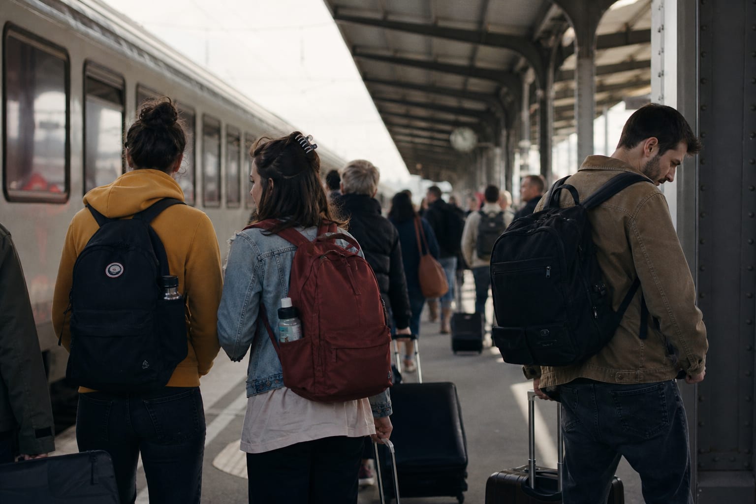Voyageurs sur un quai de gare au départ d'un train