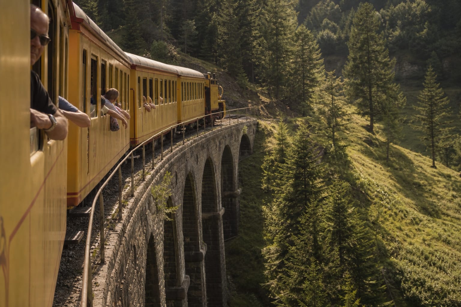 Petit train jaune franchissant un viaduc de pierre au-dessus d'une vallée de montagne