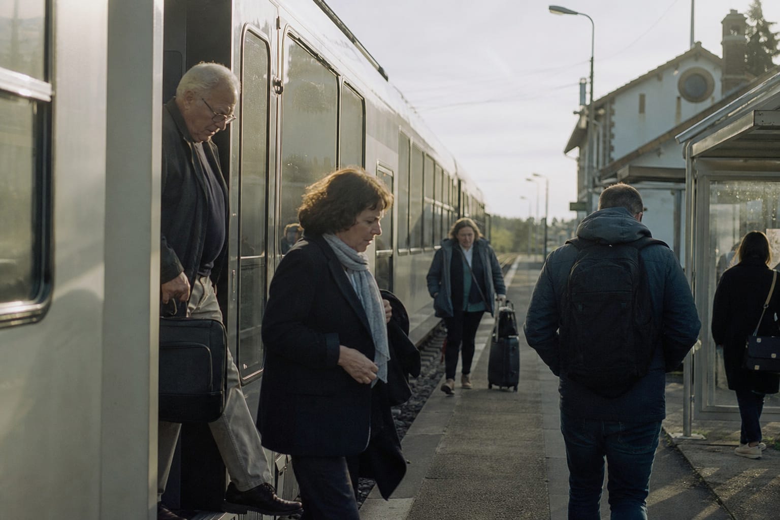 Voyageur descendant d'un train dans une petite gare le matin