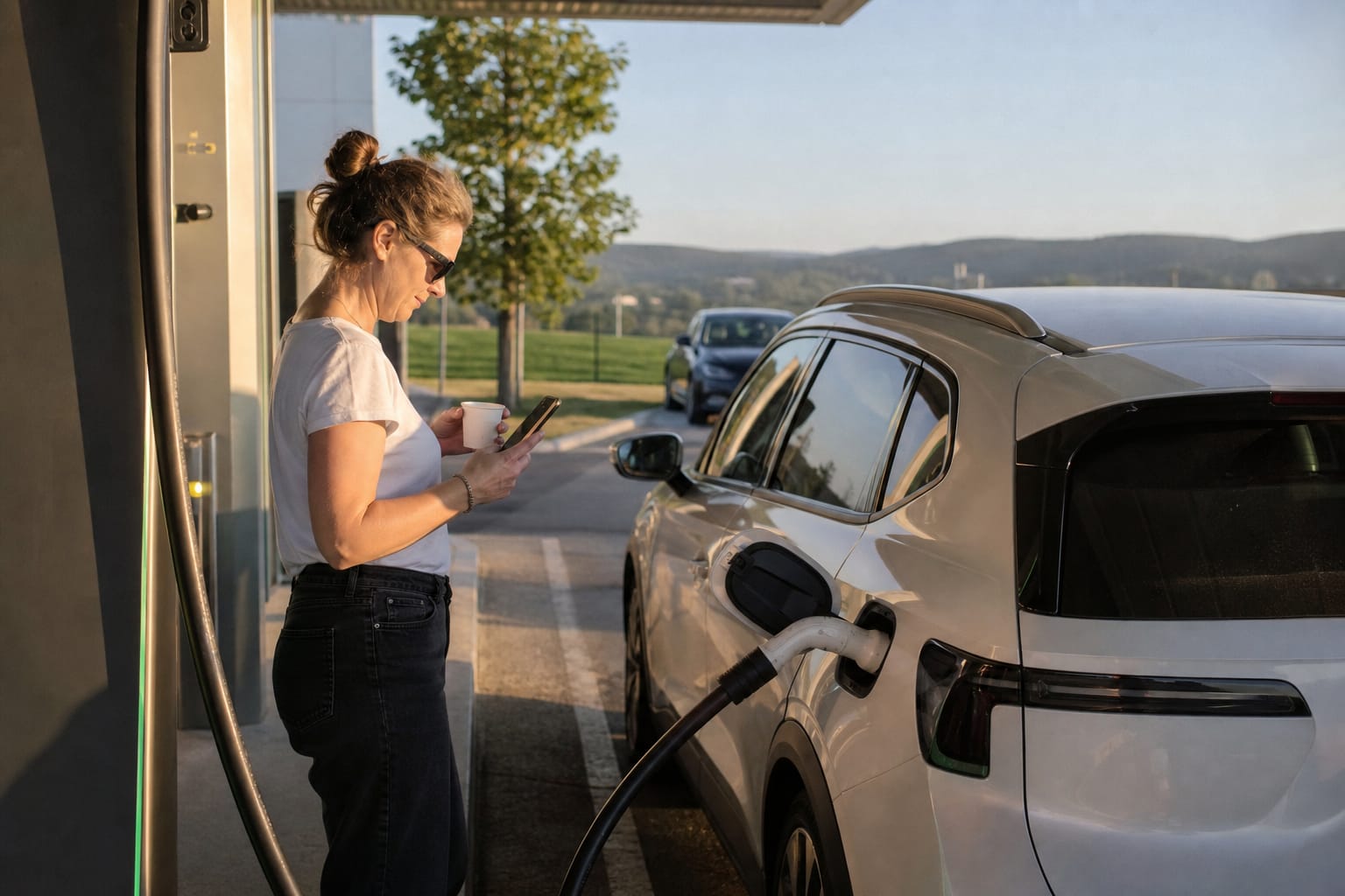 Voiture électrique branchée à une borne de recharge rapide sur une aire d'autoroute, conductrice patientant avec un café