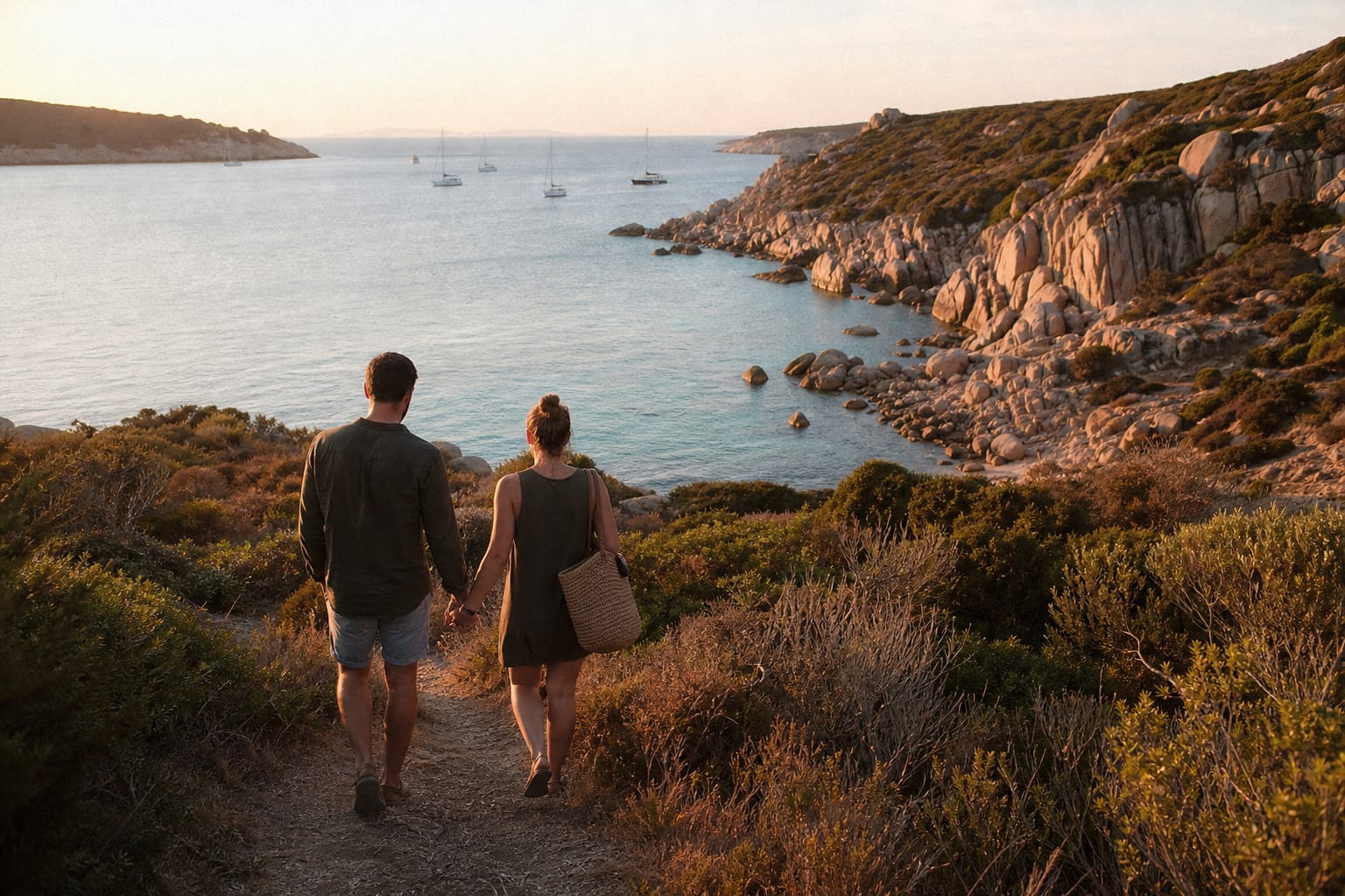Couple marchant sur un sentier côtier au-dessus d'une crique turquoise en Corse du Sud, en fin de journée de septembre